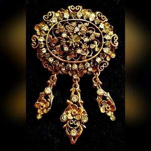 Vintage Kramer of New York Antiqued Goldtone & Rhinestone Dangle Pendant